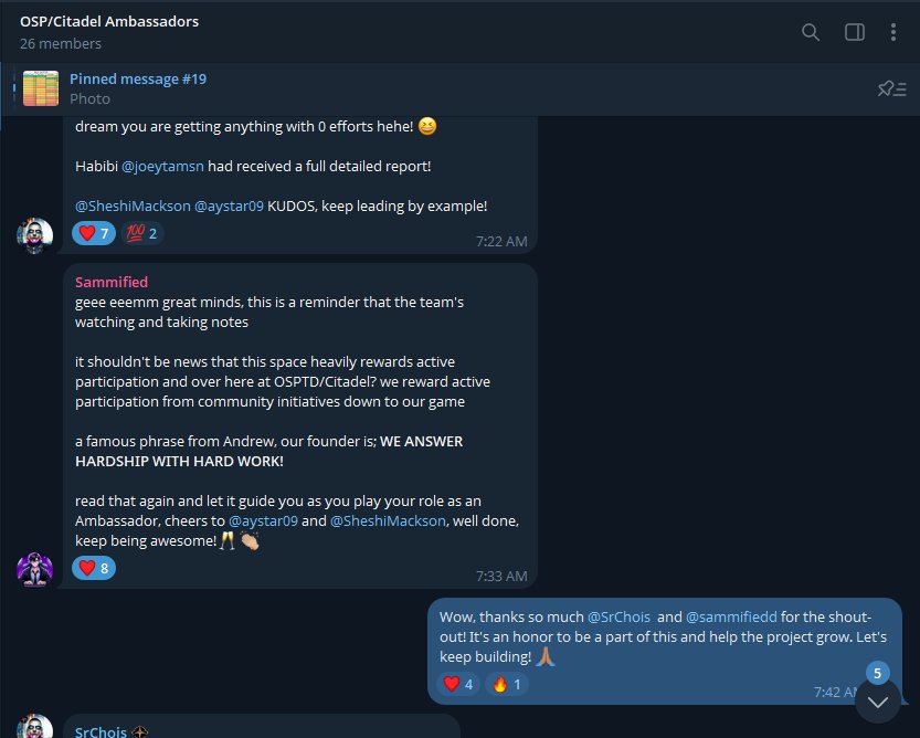 OSP/Citadel team shoutout in ambassador Telegram group